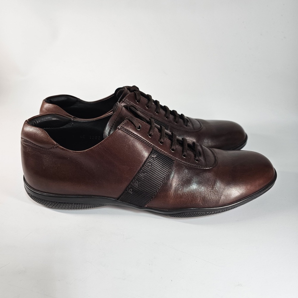 PRADA Sport Leather Low Sneakers Mens Size 11 Brown Solid Italy Shoes Luxury - Picture 7 of 16